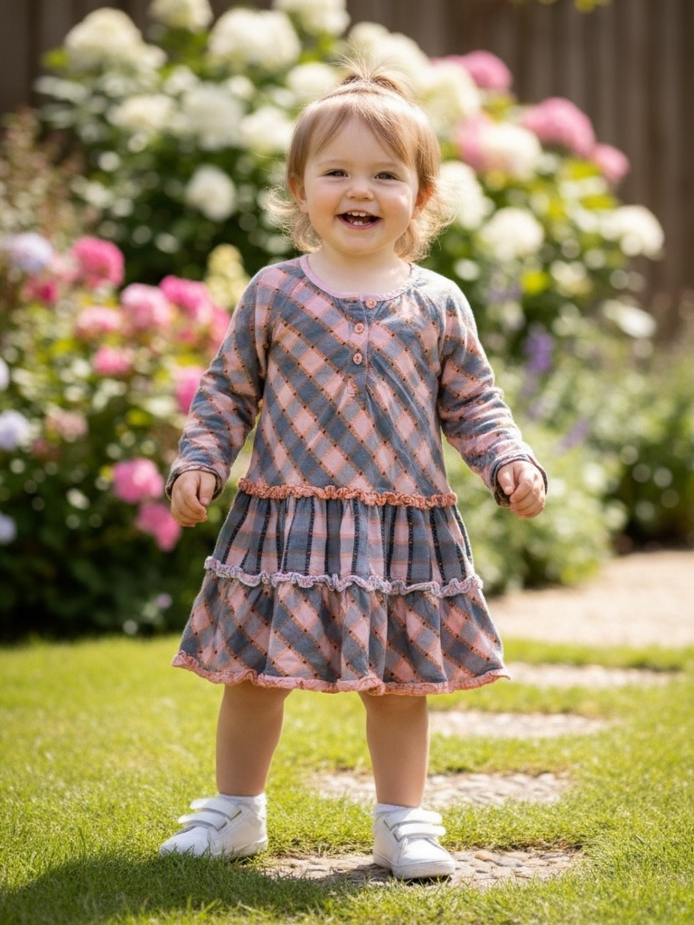 • Sophie Catalou • Toddler Plaid Tiered Long-Sleeve Dress in Gray and Pink 3